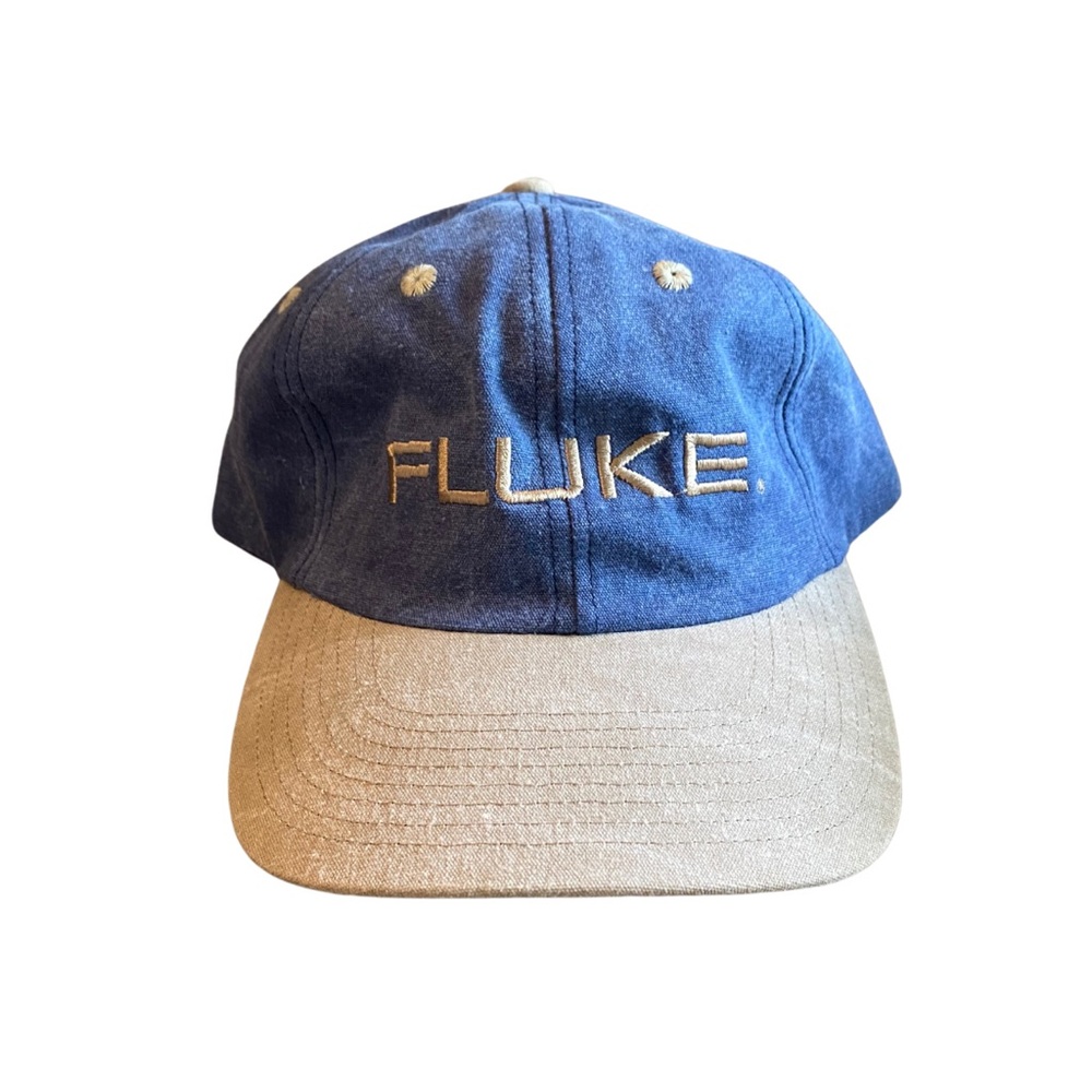 Vintage Fluke Blue and Tan Beige Baseball Cap Hat